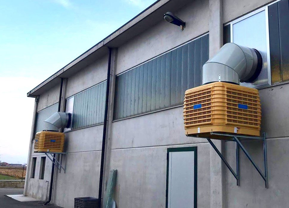 Industrial evaporative cooler system for large area cooling